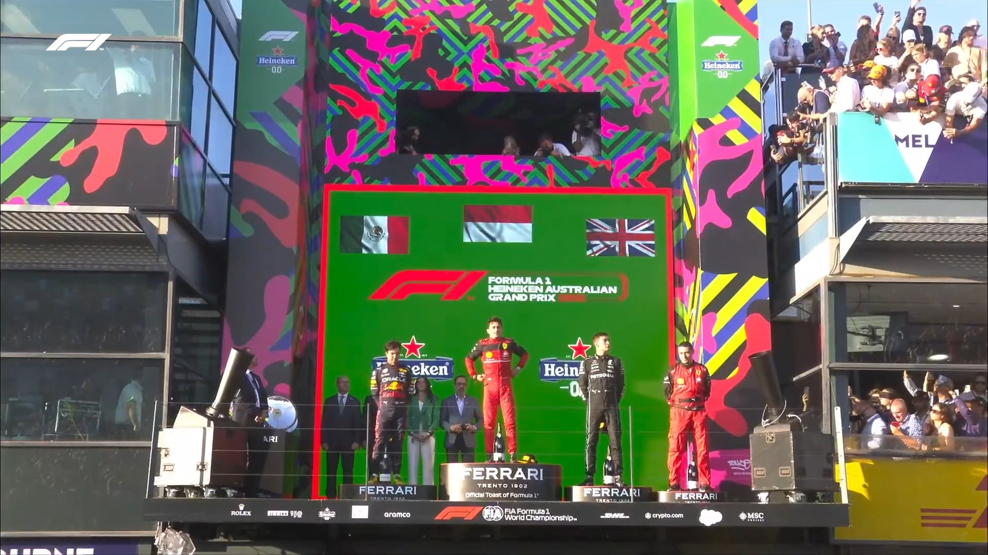 Formula 1 on Twitter: "Your 2022 Australian Grand Prix podium stars 💫 🥇  Charles Leclerc 🥈 Sergio Perez 🥉 George Russell Enjoy the celebrations!  🍾 #AusGP #F1 https://t.co/E7U2xSyYPL" / Twitter