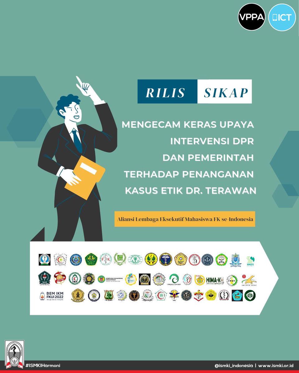 ISMKI_Wilayah4's tweet photo. RILIS SIKAP: MENGECAM KERAS UPAYA INTERVENSI DPR DAN PEMERINTAH TERHADAP PENANGANAN KASUS ETIK DR. TERAWAN
Halo, mahasiswa kedokteran dan masyarakat Indonesia! https://t.co/K5WfRbjd2H