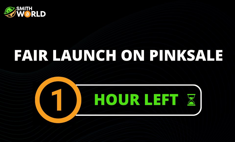 SmithWorldToken's tweet photo. Hello Armies! 

🙌 We're really getting closer. Only 1 hour left! SmithWorld will be live on Pinksale! Get ready to load your bags with SmithWorld Token  and ride with us to the MOON 🚀🚀

Presale Link: https://t.co/cNFnadZ411

Don't miss your chance, Armies! 
Stay tuned! https://t.co/pIgfbXI6Ec