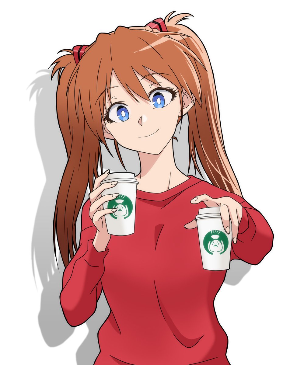 souryuu asuka langley 1girl blue eyes solo smile twintails cup holding  illustration images