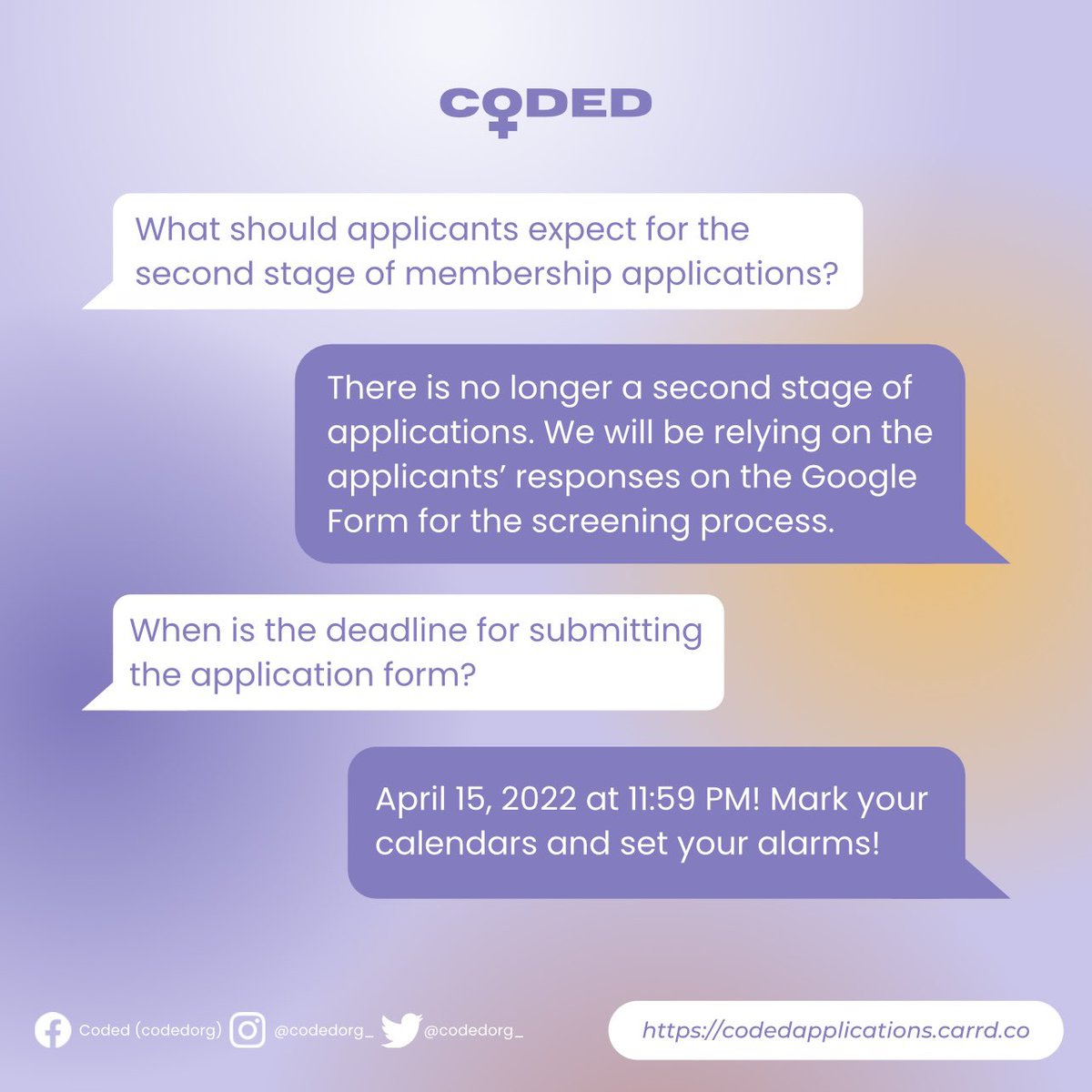 codedorg_'s tweet photo. Still left ya curious? 🤨 

Applications will close THIS FRIDAY 🫣 and we thought to help you out by answering some frequently asked questions ✨

Visit the link in our bio for more info about Coded applications!

#Coded2022 #WomenInSTEM 👾 https://t.co/szuAooRyzK