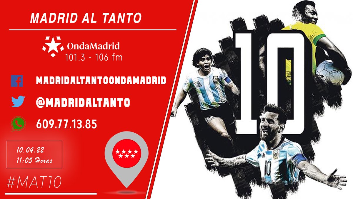 madridaltanto's tweet photo. 📻¡A partir de las 11:05 arrancamos!

Hoy es 10 de abril y buscamos el Mejor 10 que recuerdes

📲Participa con el hashtag #MAT10
🗣️O deja tu nota de voz en el 609771385

Presenta @diegogarcia00 + @bernardoalf + @AngelRubiano10 
Produce @Bonionda
🎤Y todos los compis en los campos https://t.co/iOthCJl4a1