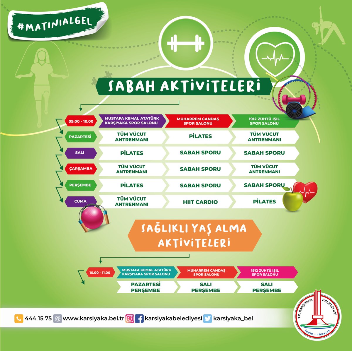 karsiyaka_bel's tweet photo. Sağlıklı yaşamın anahtarı hareketliliktir. Her sabah 09.00-10.00 saatleri arasında spor salonlarımızda sabah aktivitelerimize ve pazartesi, salı, perşembe günleri 10.00-11.00 saatleri arasında sağlıklı yaş alma etkinliğimize spor yapmak isteyen Karşıyakalıları bekleriz. https://t.co/41jpk7WmKt