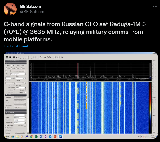 giammaiot2's tweet photo. #RADUGA Russian Satellites
C-band signals from Russian GEO sat Raduga-1M 3 (70°E) @ 3635 MHz, relaying MILITARY COMMYUNICATIONS from mobile platforms
https://t.co/rtHIBT75Xj
#searchengineoptimization https://t.co/Ytb7rUz2Gl
#SoftwareDefinedRadio
#Russia
#Meridian #Satellite https://t.co/wnMwhNkXBD