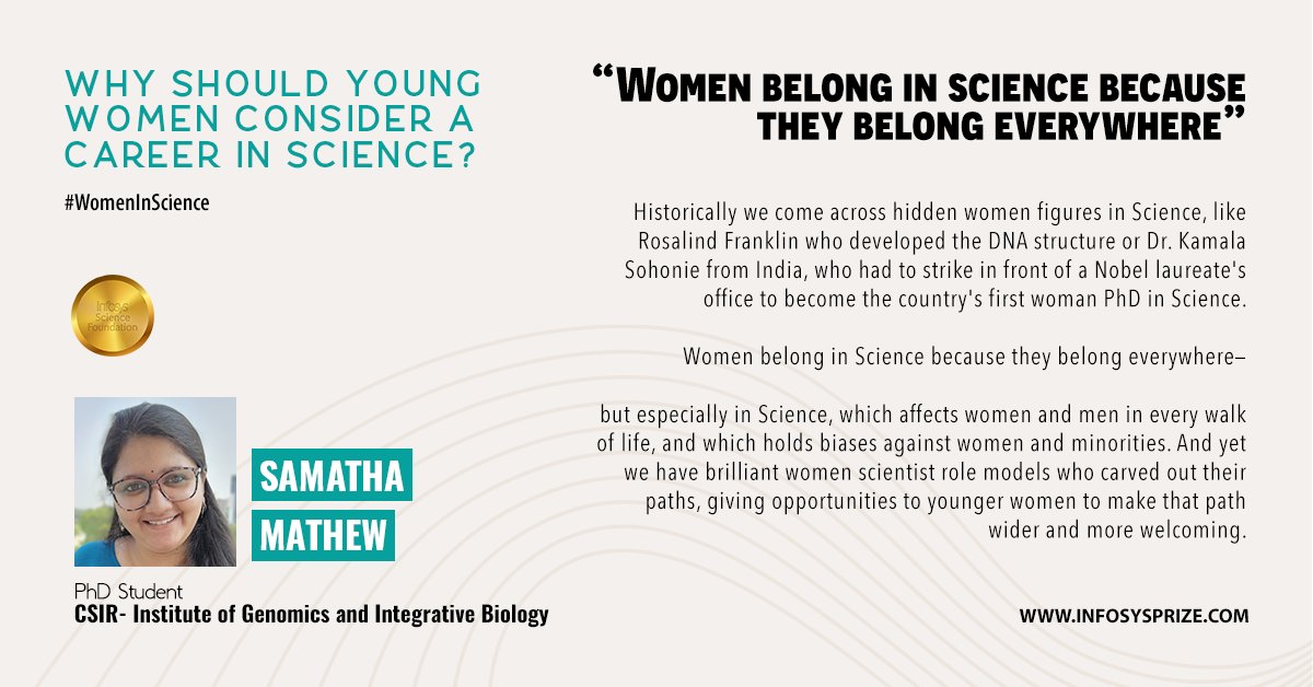 InfosysPrize's tweet photo. "Women belong in Science because they belong everywhere." - Samatha Mathew, PhD student, CSIR - Institute of Genomics and Integrative Biology.
#WomenInSTEM #WomenInScience @Samatha_Mathew @IGIBSocial https://t.co/sAV5HtWJtQ
