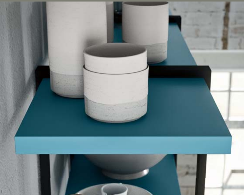 kitchenitalian's tweet photo. Pastel blue matt lacquered shelves instead of wall units? 
Yes why not, but only if well organized. 
The metal shelf holder in London grey lacquer, thin and resistant, is fixed against the wall and the countertop holding the shelves in place @kitchenitalian 
#architecture #Kenya https://t.co/VYX7UtRkgi