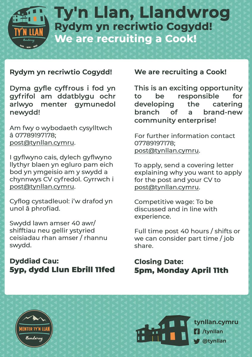 mentertynllan's tweet photo. **SWYDD NEWYDD**

Rydym yn chwilio am gogydd i helpu ni ddatblygu yr ochr arlwyo yn Ty’n Llan - cyfle hollol wych i rhywun fod yn rhan o fenter gymunedol cyffrous wrth iddi ddatblygu. Os hoffech chi drio, neu os ydych yn nabod rhywun, ewch amdani neu rhannwch y post yma! https://t.co/OxOgAyJEy3