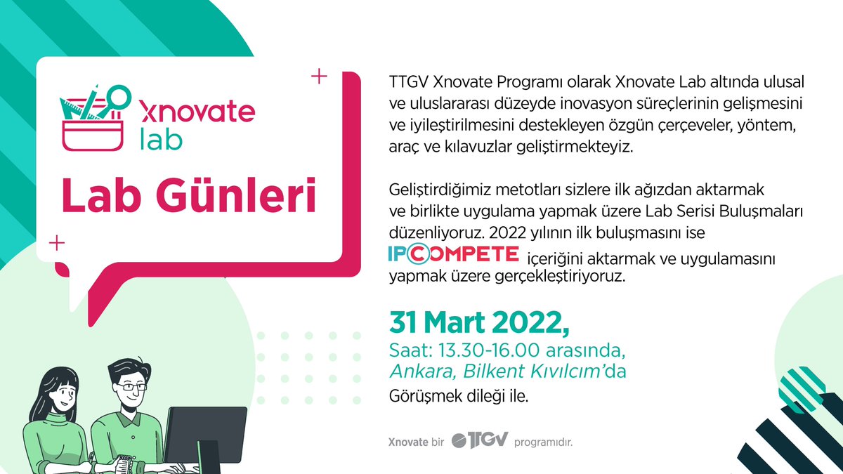 xnovateorg's tweet photo. Xnovate Programı olarak #XnovateLab altında geliştirdiğimiz metotları sizlere ilk ağızdan aktarmak ve birlikte uygulamalar yapmak üzere Lab Günleri'ni gerçekleştiriyoruz.
2022’nin ilk buluşmasında IP Compete’in içeriğini aktararak sizlerle beraber uygulamasını yapmak istiyoruz. https://t.co/pcuwP7BUsP