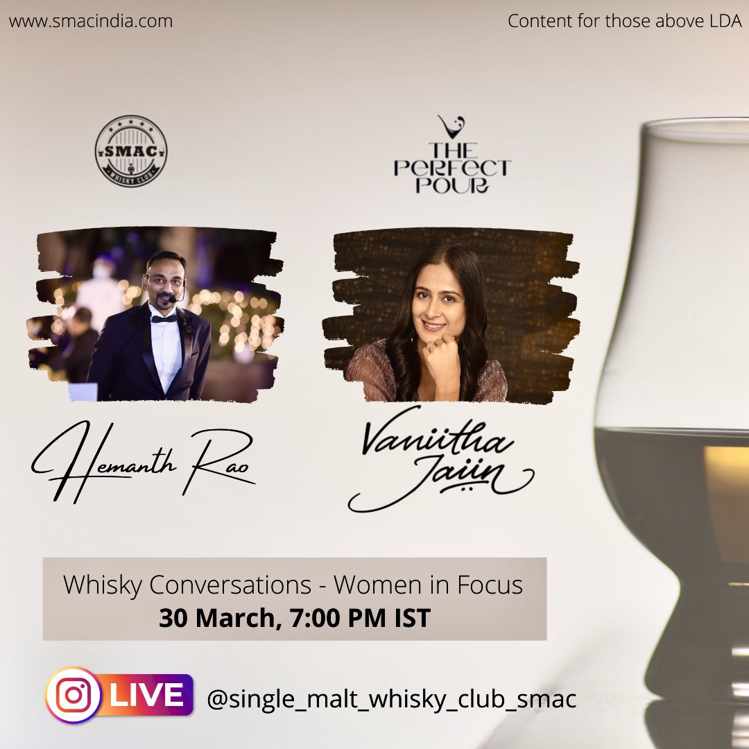 Can’t wait to have this conversation with the Single Malt Whisky Club on Instagram live - 30th March,7 pm!
#repost from SMAC.We are thrilled to conduct an Insta live with a woman turning heads in the whisky industry as part of Women's History Month. #vaniitha 
#singlemalt #whisky