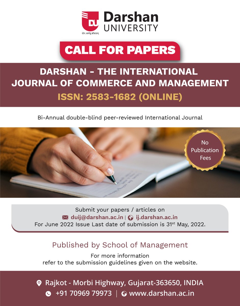 DarshanUniv's tweet photo. Call for Papers!
"Darshan - The International Journal of Commerce and Management" ISSN: 2583-1682 (ONLINE) is a biannual peer-reviewed journal.
Details: https://t.co/i4zIvcjMx9
#ugc #aicte #university #research #publication #article #commerce #management #phd #acadamic https://t.co/fe5fxLdGDp