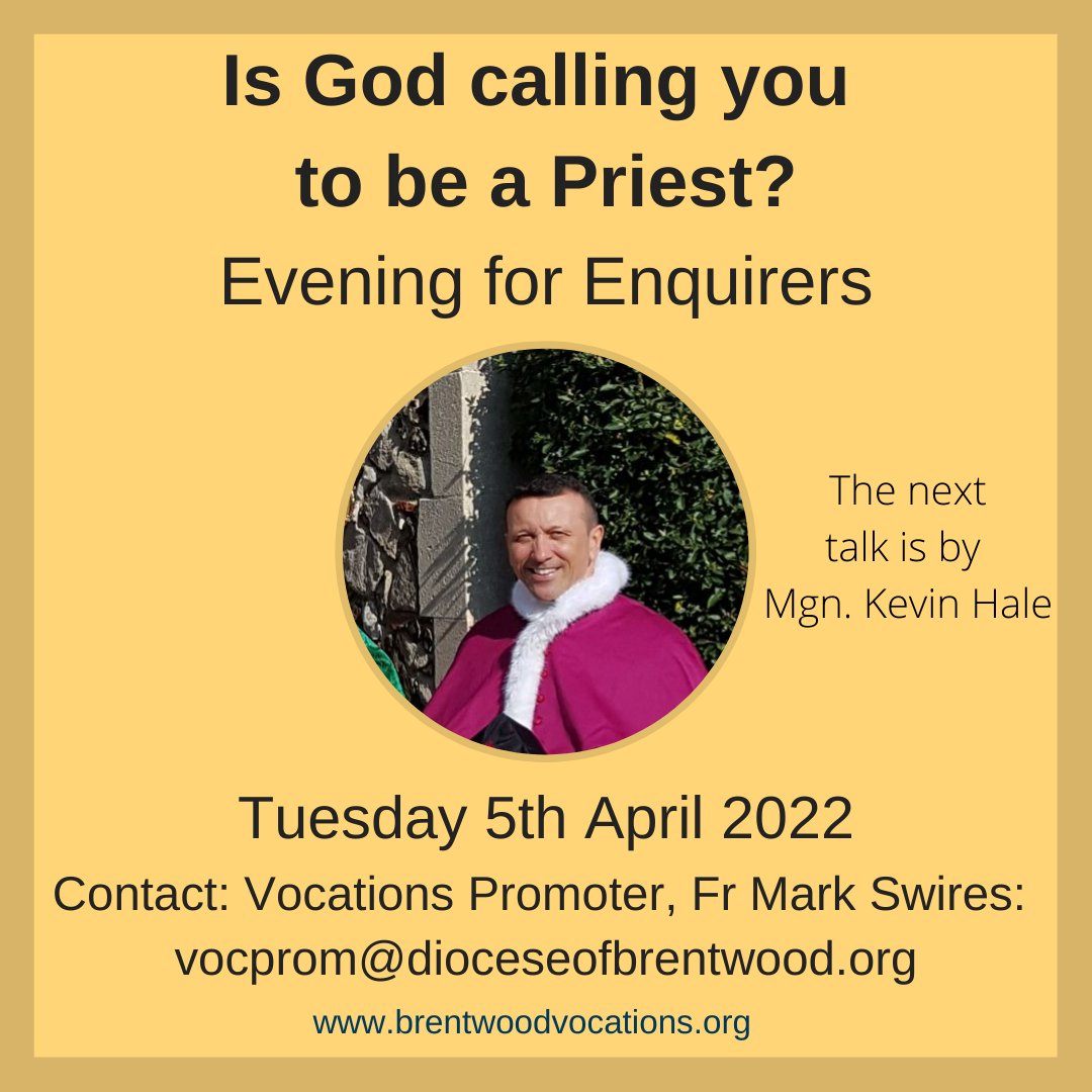 BrentwoodVocs's tweet photo. Join us for the next talk, given by Mgr Kevin Hale.
The talk will be at St Edmund of Canterbury Church, 9 Traps Hill, Loughton IG10 1SZ. 

Contact Fr Mark Swires (vocprom@dioceseofbrentwood.org) for more information.
@BrentwoodRC @BrentwoodCYS @cathedralb1 @Father_Dominic https://t.co/zaOMRbXsMT