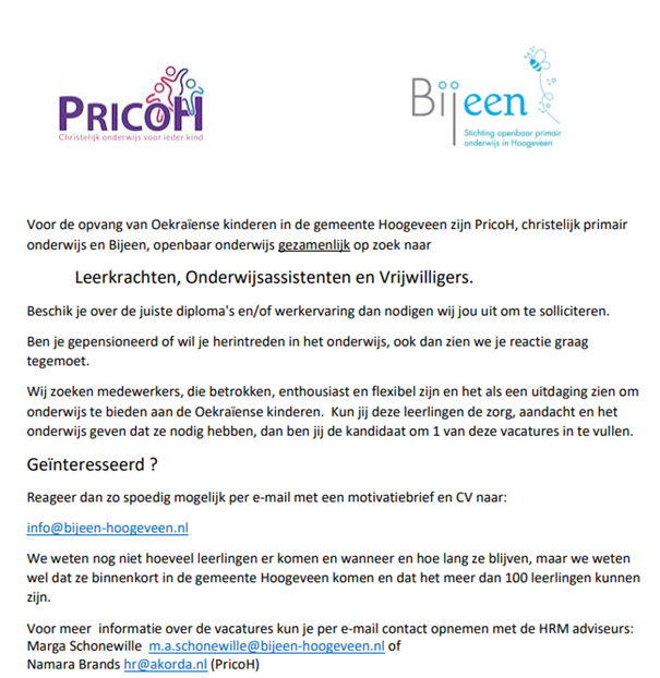 Vacature onderwijs vluchtelingen Oekraïne