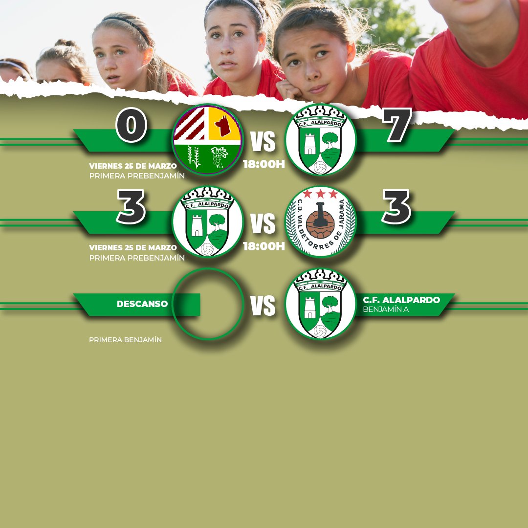 ¿Estás preparado?😀👇
¡¡Estos son los resultados de la última jornada!! ¿Cómo ha quedado tú equipo?
#cfalalpardo #obligaciónporaprenderilusiónporganar
