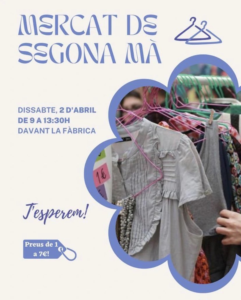 AE_Montcabrer's tweet photo. VOLS ROBA DES D'1 FINS A 7€??✨
vine al mercat de segona mà aquest dissabte dia 2 d'Abril davant la fàbrica.
Els diners recaudats son pel projecte de les pioneres del Montcabrer.

Compra roba de forma sostenible i bé de preu 😉💚 https://t.co/bD9YdzpuH6