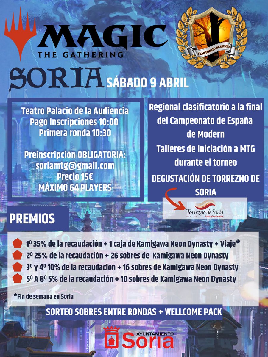 Pheddatwitt's tweet photo. Cartel oficial del primer regional ciudad de Soria de #MTG clasificatorio para el Nacional. Se ha puesto toda la carne en el asador (Torreznos de degustación incluidos), para que sea el mejor regional de todo el país. No podéis faltar a esta cita, preinscripciones ya abiertas. https://t.co/vHXGIvaDsM