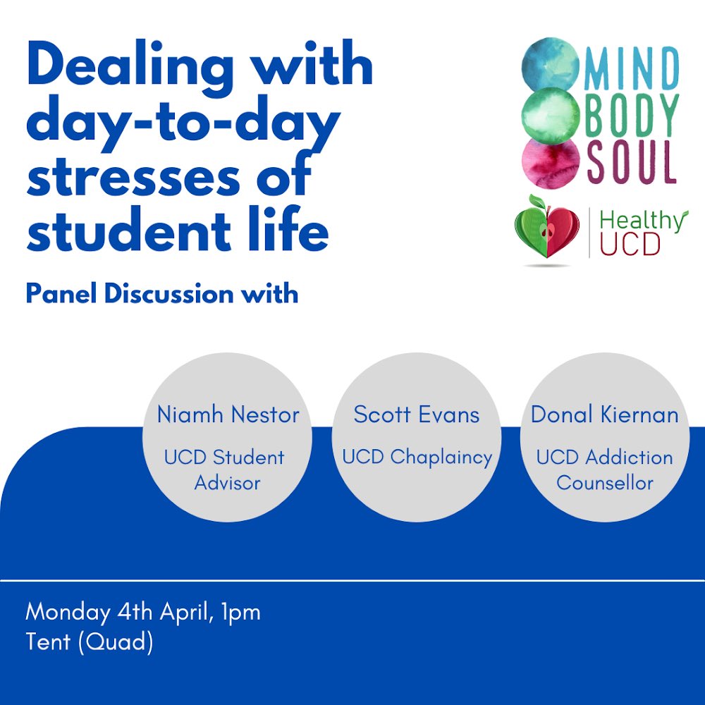 HealthyUCD's tweet photo. We are kicking off the first day of this year’s Mind, Body &amp; Soul with a panel discussion all about dealing with day-to-day stresses of student life

Head to our Instagram stories to pose a question for our panelists to discuss on the day! https://t.co/SmJC2h3Hz5