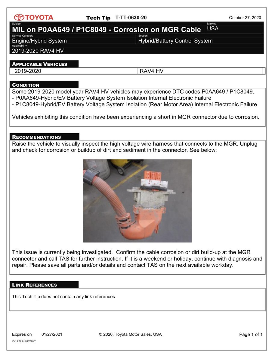 JaredLamanna's tweet photo. The dealer claimed they had never seen this before - After a seven second Google search I found this document. Clearly this is a know issue. #toyota #toyotahybrid #rav4hybrid #toyotafail https://t.co/aVDsU093Uf