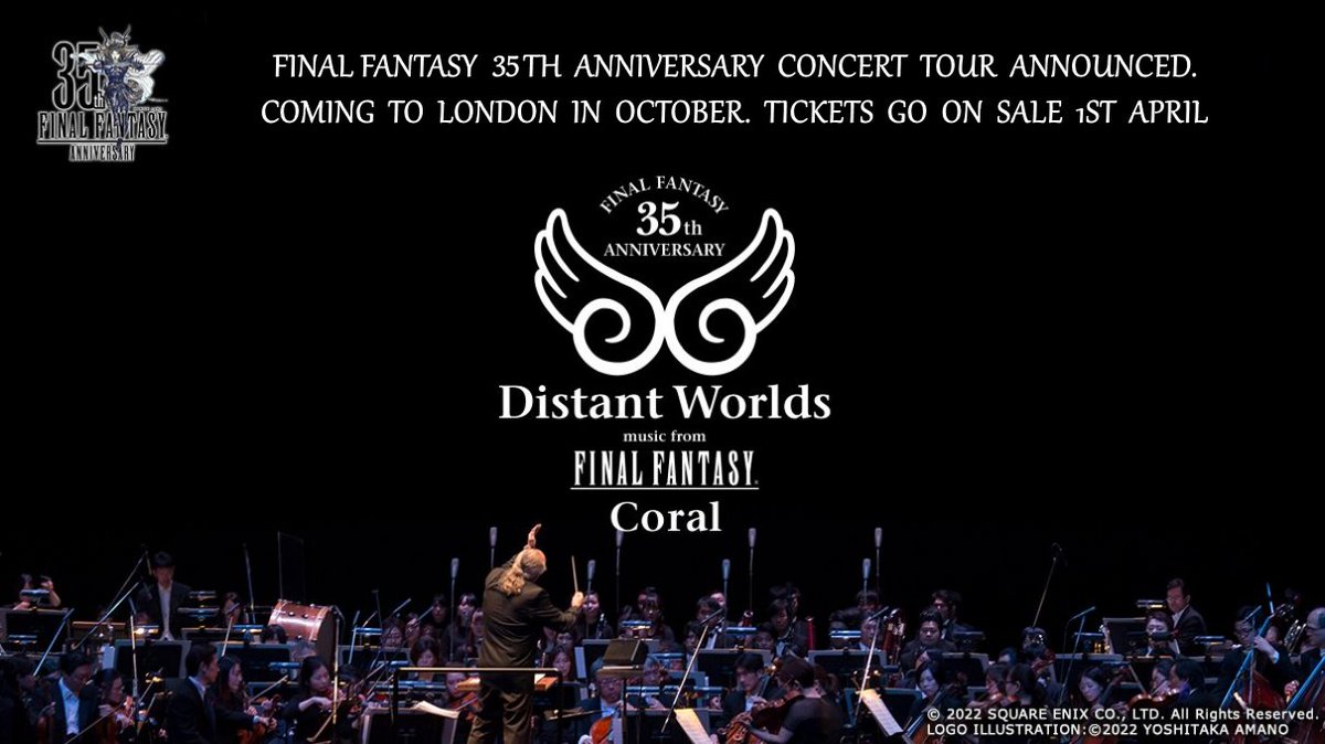 Nintendo_SW's tweet photo. 🎶#FinalFantasy35 Anniversary Concert Tour announced. Coming to #London in Oct. Tickets on sale 1st Apr.

Enjoy a retrospective celebration of the #FinalFantasy music catalogue, feat an orchestra &amp; chorus of 100 musicians with backed by HD video footage.

https://t.co/HJgnbH3tPt https://t.co/VXKaB2EazY