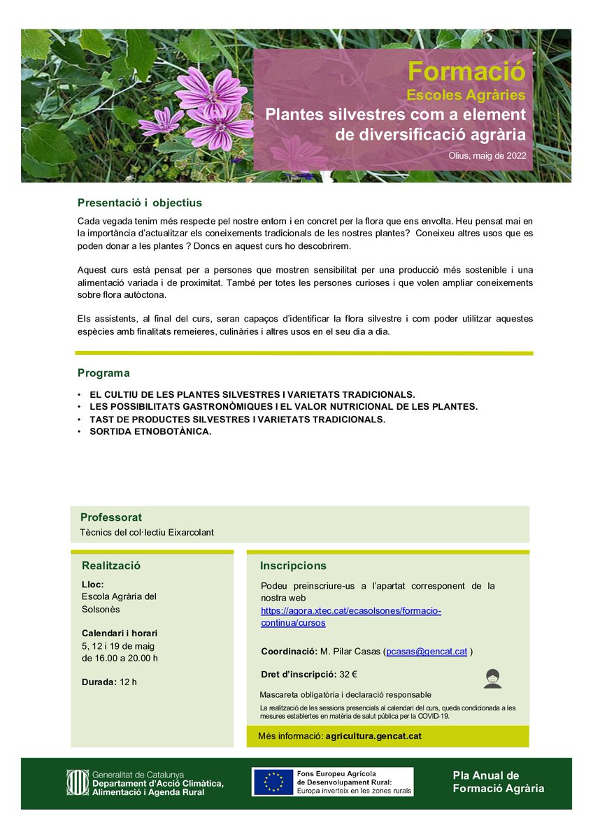 easolsones's tweet photo. El curs de formació sobre Plantes silvestres com a element de diversificació agrària (12h) començarà el 5 maig. Preinscriu-te a: https://t.co/vYpLNIM1ks https://t.co/0Im47q4fme