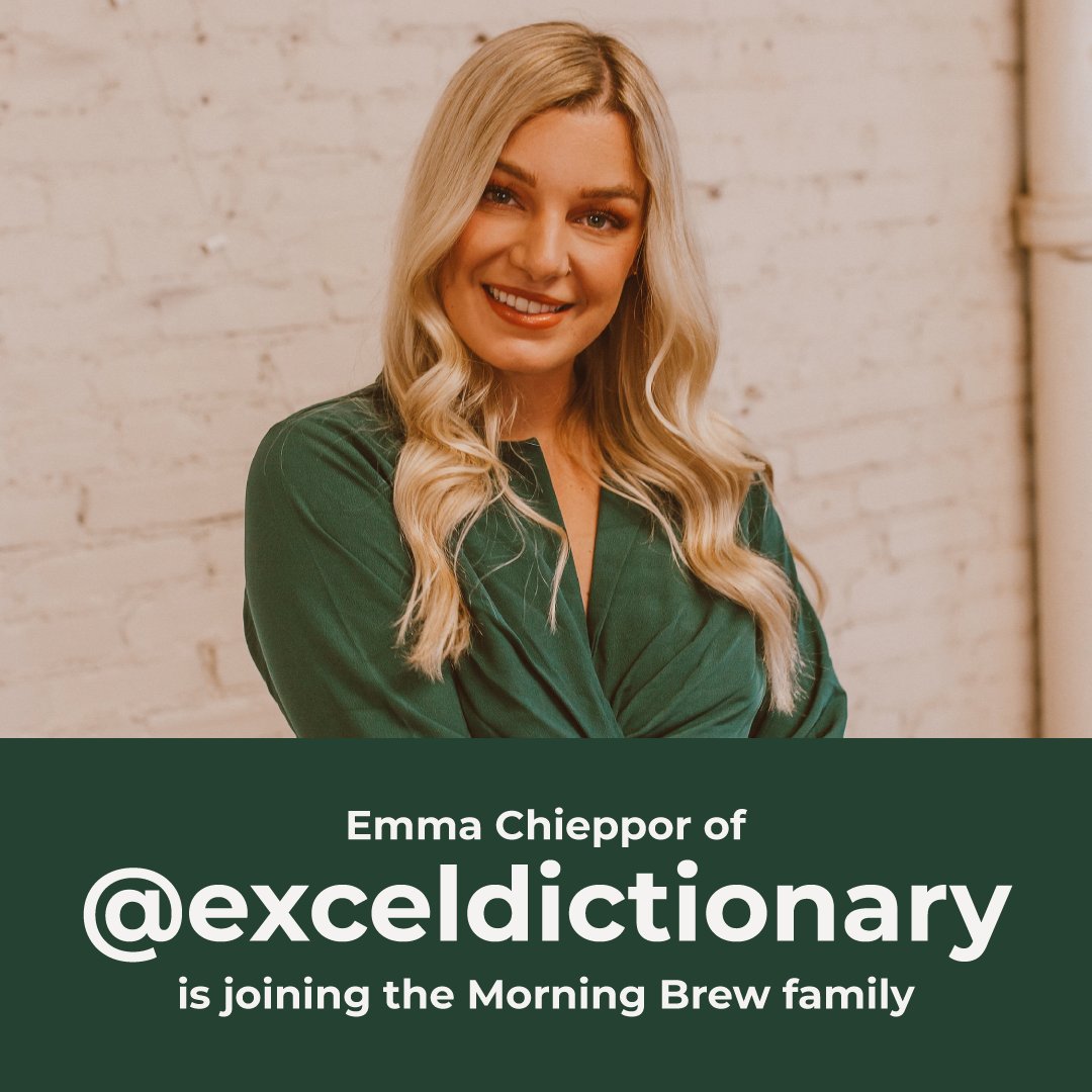 MorningBrew's tweet photo. We’re so excited about the newest addition to the Brew Crew: @exceldictionary! From sumifs to vlookups she has the shortcuts and knowledge you need to work smarter. Give her a follow to get your daily Excel tip. https://t.co/XliJiw8JQ0