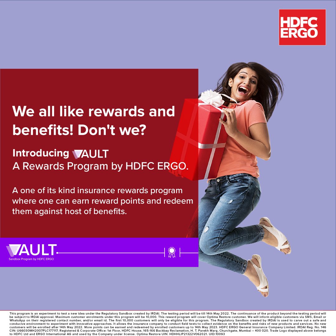 HDFCERGOGIC's tweet photo. Vault is industry’s first reward program where one can earn reward points and redeem them against listed wellness partners and social causes. First 10,000 Optima Restore customers enrolled up to 14th May’22 will be eligible for redemption.
#Vault #HDFCERGO #OptimaRestore https://t.co/EXaDL3Ix3S