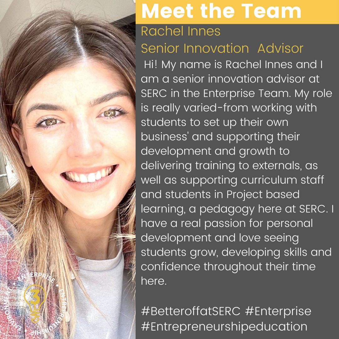Meet the team👋🏻 Next up…It’s Rachel, one of our Senior Innovation Advisors here in the Enterprise team! Rachel joined us in 2019 and is based in our Bangor Campus!

Get in touch to find out more.📬
#BetteroffatSERC #Enterprise #EntreprenuershipEducation