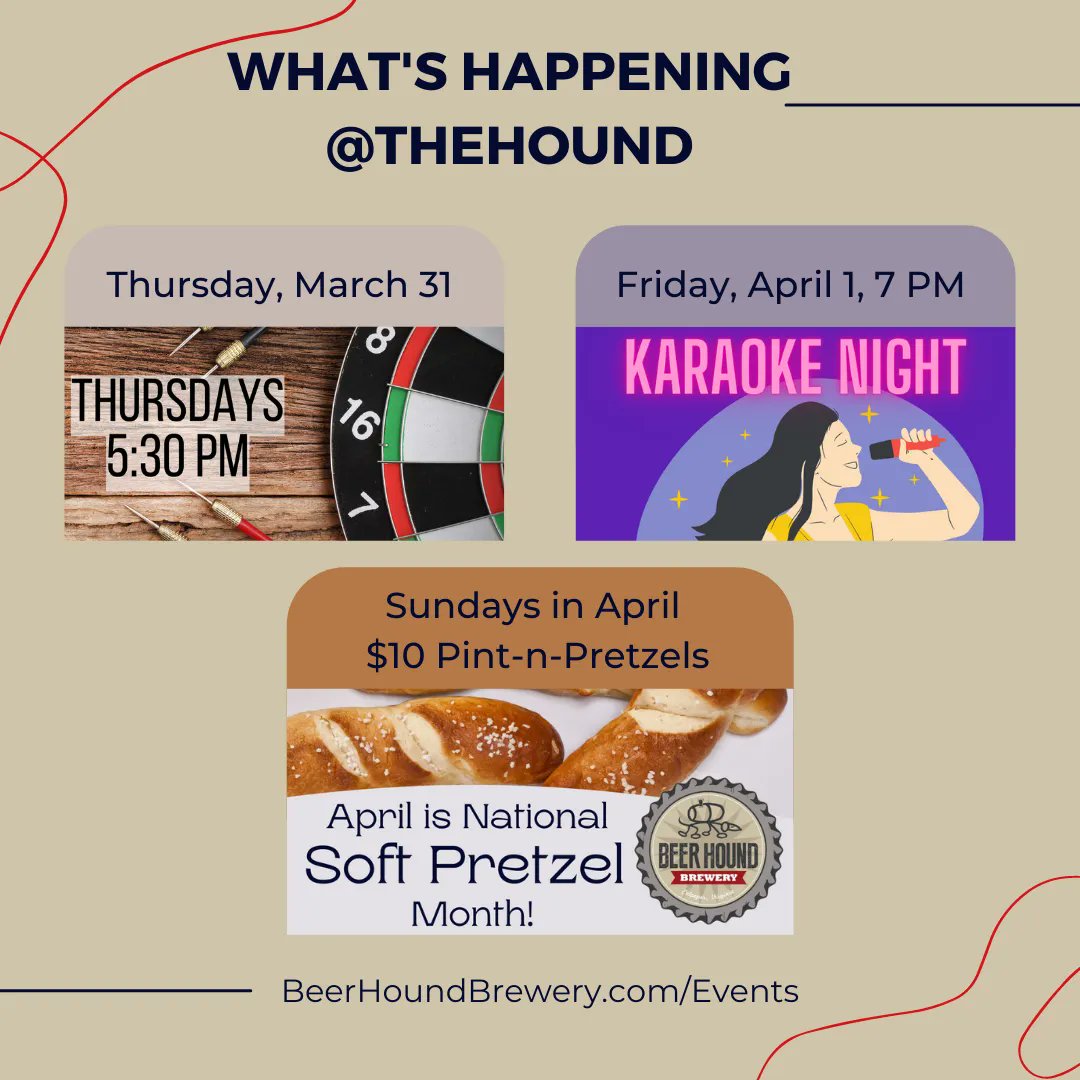 We had a blast March, but soon it will be time to welcome April. Here is what's happening this weekend: 
🎯 Dart League meets Thursday at 5:30! 
 🎤 Friday is Karaoke Night! 
🥨 April is National Soft Pretzel Month! Every Sunday in April we will have a $10 Pint &amp; Pretzels deal!