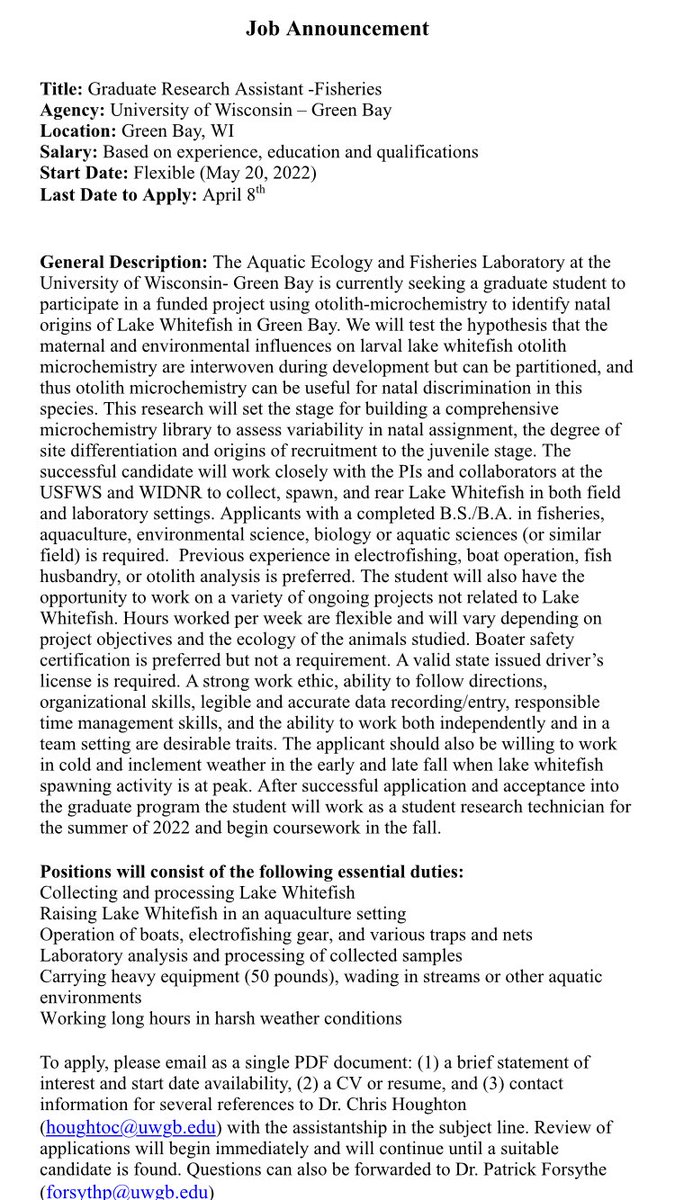 PSF_GBFISHLAB's tweet photo. I’m hiring a graduate student to study lake whitefish otolith micro chemistry! Please share with your students. https://t.co/UpApDphOo8