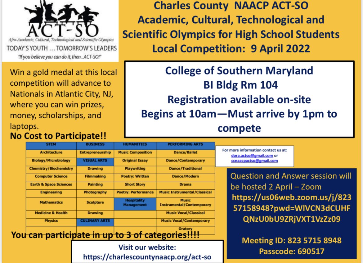The local competition for ACT-SO is happening April 9! Want to get more information? Check out the virtual Q&amp;A  or visit their website. charlescountynaacp.org/act-so