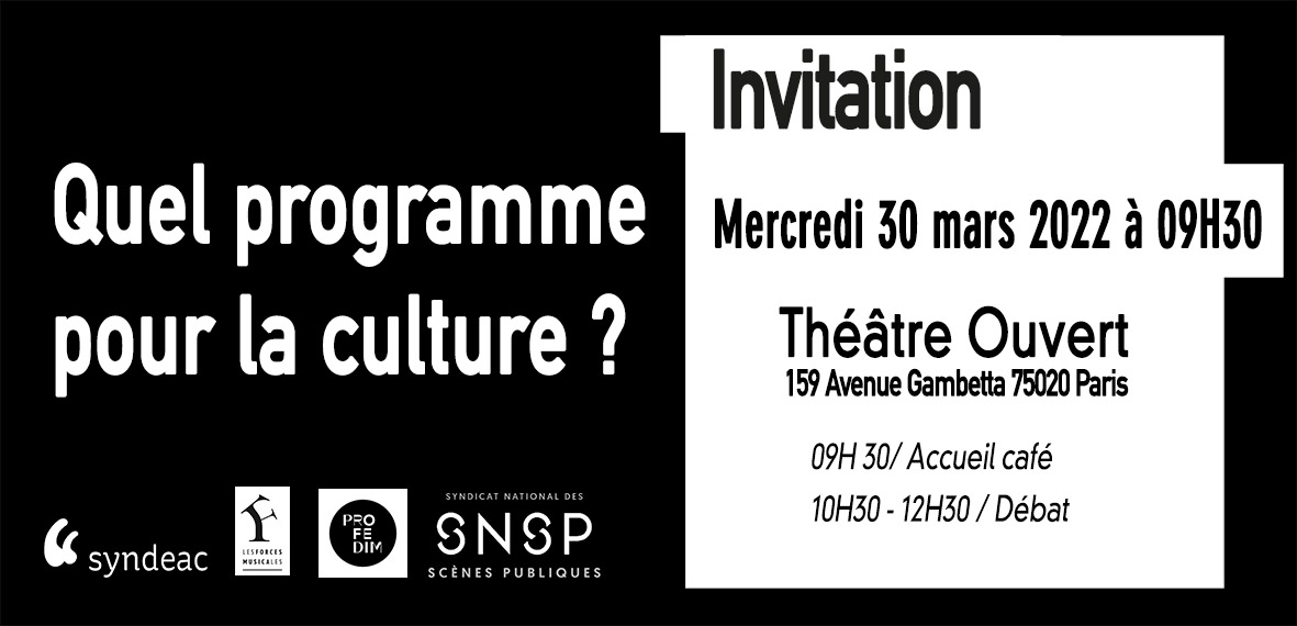 [PRÉSIDENTIELLES 2022] 💡
<a href="/ForcesMusicales/">Les Forces Musicales</a> <a href="/SYNDEAC/">Syndeac</a> <a href="/SNSPscenes/">SNSP Syndicat National des scènes publiques</a> et PROFEDIM interrogent demain les représentant.e.s des candidat.e.s à la présidentielle sur leurs programmes culture !