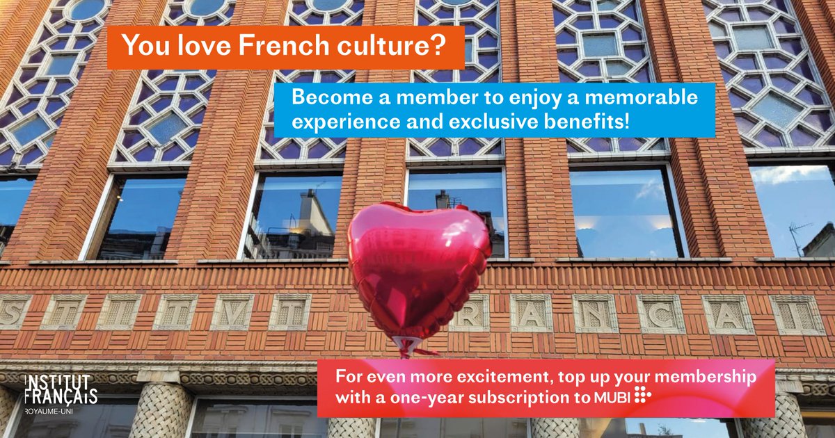 ifru_london's tweet image. Do you love #French culture? So do we!❤️

Join us &amp;amp; get exclusive benefits @ifru_london #CinéLumière, La Médiathèque &amp;amp; Café Tangerine

You can even top up your membership with a subscription to @mubiuk 

Let’s enjoy French films &amp;amp; culture together😊

👉institut-francais.org.uk/about/become-a…