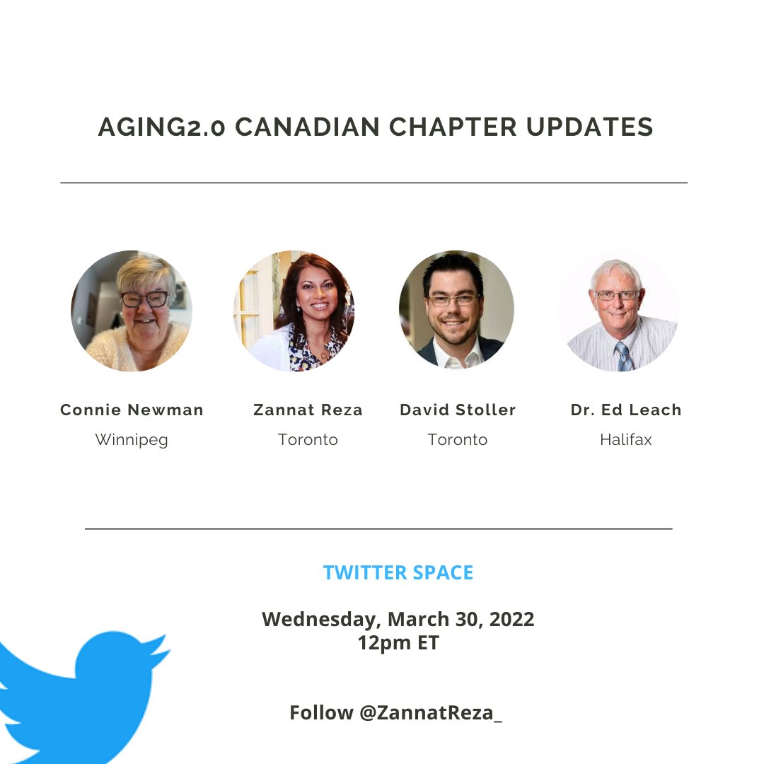 ⚡TOMORROW: Aging2.0 Twitter Space! Tune in at 12pm ET to hear updates from across Canada in #aging and #innovation. Click the link to set a reminder. x.com/i/spaces/1ypJd…  
<a href="/davidgstoller/">David Stoller</a> <a href="/Tobeko08/">Connie Newman</a> <a href="/edleach/">Ed Leach</a>