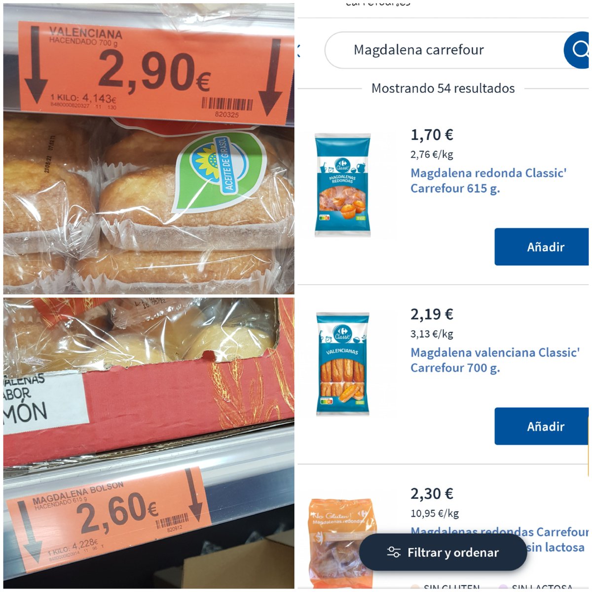 veronica3636's tweet photo. @NuriaPuebla @Mercadona Precio ayer de unas magdalenas en mercadona y hoy en carrefour. Mismo peso... ALUCINANTE https://t.co/NX0BoYglA4