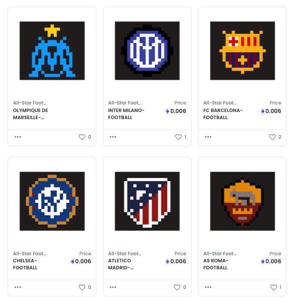 NFT special series! Buy great clubs logo. Handmade pixelart items, floor price at 0.006 ETH ! Only 100 items.
#NFTCommunity #nftpixelart #nftcollector #pixelart  #football #OlympiqueMarseille #InterMilan #ASRoma #BayernMunich #asmonaco #FCBarcelona 
opensea.io/assets/allstar…