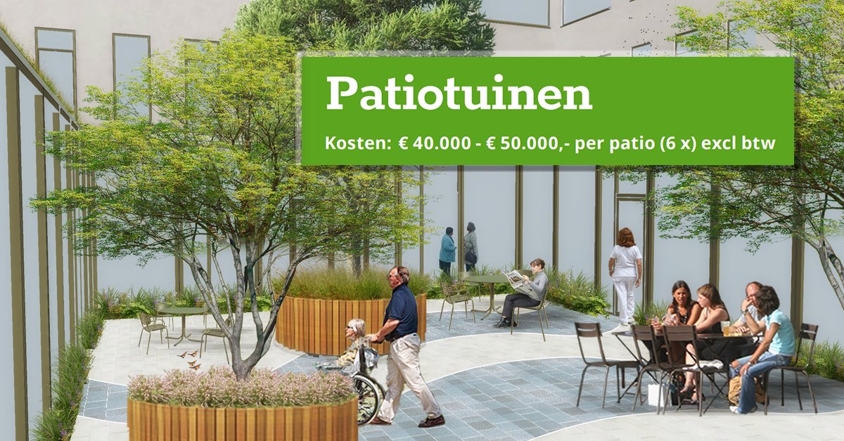 Wij zijn op zoek naar financiële steun van particulieren, bedrijven en fondsen om de patiotuinen in onze nieuwbouw te realiseren. Zo hebben patiënten en bezoekers straks een aangenamer verblijf. Helpt u mee?tergooi.nl/patiotuinen/