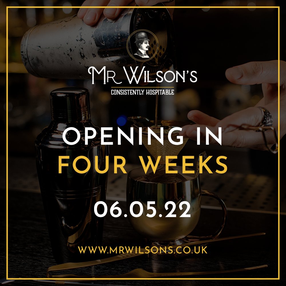 MrWilsonsSheff's tweet photo. In just four weeks time Mr Wilson's doors will open...

Comfortable seating, engraved table tops and water features await. https://t.co/ihwbbXpcFk