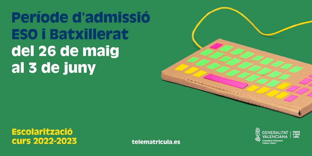 📆 Ja hem publicat el calendari d'amissió per al pròxim curs.

👉 Període d'admissió en Infantil i Primària: del 26 d'abril fins al 4 de maig.

👉 Període d'admissió en ESO i Batxillerat: del 26 de maig al 3 juny.

➡️ Podreu realitzar els tràmits en el web telematricula.es