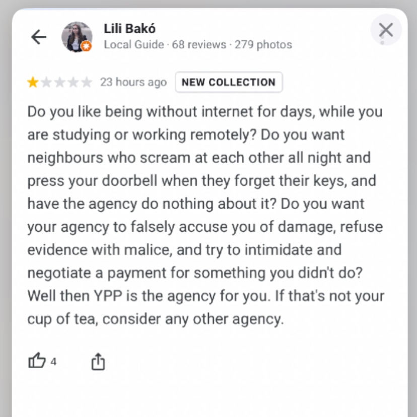 Lili “Without internet for days neighbours who scream at each other all night press your doorbell when they forget their keys agency do nothing about it?”

YPP Lettings YPP_Lettings not affiliated with or connected to any similarly-named individuals or brands