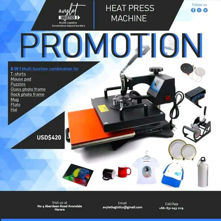 AvyletLogistics's tweet photo. We have a #heatpressmachine Promotion running, hurry and order Shipping from #China takes 45-65 days but it is faster by air at a weightier cost. For more details +86 18310432119 or visit no. 4 Aberdeen Road Avondale Harare. 
#convenience
@EsteemComms 
@takemorem1 
@IdeasZaka https://t.co/663akHfHuX