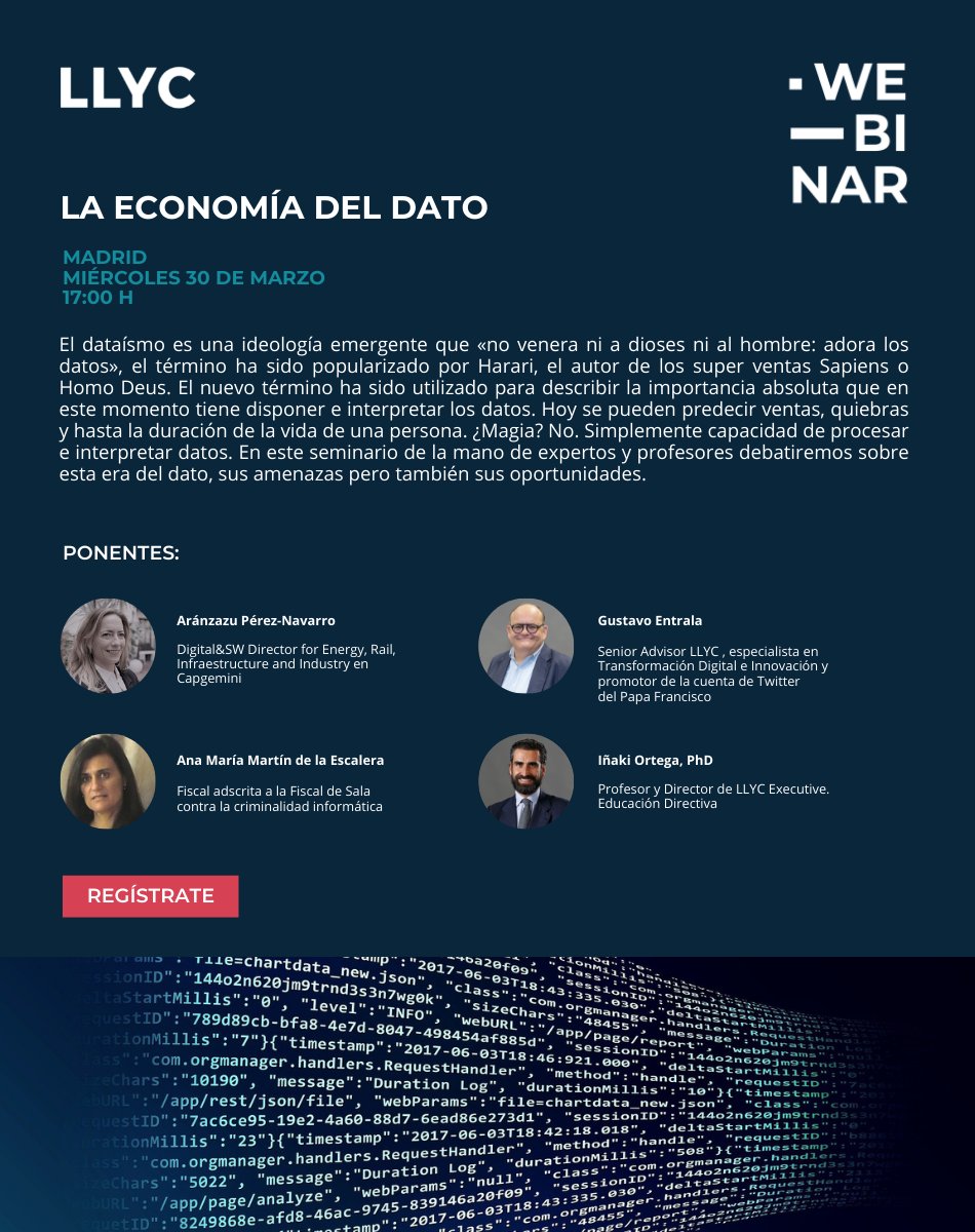 LLYC_Global's tweet photo. 🕐 Mañana debatimos sobre el #dataismo, término utilizado para describir la importancia que en este momento tiene disponer e interpretar datos. Con Aránzazu Pérez-Navarro @Aran76 (@Capgemini_ES), Ana Martín de la Escalera, @gentrala e @InakiOrtega
 
🔗 https://t.co/CqsziJR6OE https://t.co/NAuEK5lYdK