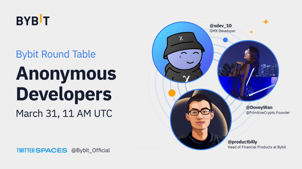 🔥 Join Bybit's first ever Twitter #Spaces on the topic of 'Anonymous Developers'! 

😎 Featuring special guests <a href="/xdev_10/">X 🫐</a> from <a href="/GMX_IO/">GMX 🫐</a>, @productbilly and <a href="/DoveyWan/">Dovey "Rug the fiat" Wan (hiring)</a>!

🗓 March 31, 11AM UTC - Save the Date!

👉 Set Reminder via: x.com/i/spaces/1gqxv…