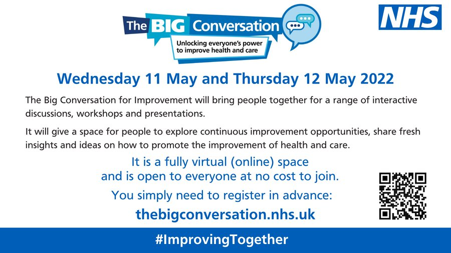 HelenBevan's tweet photo. A brilliant free opportunity for everyone involved in improvement in health &amp; care. The Big Conversation is happening 11-12 May. Thousands of participants, incredible speakers, come to as much or little of it as you can. Register here: https://t.co/otC8PpRGs8 #Improvingtogether https://t.co/uC4HRJqd7C
