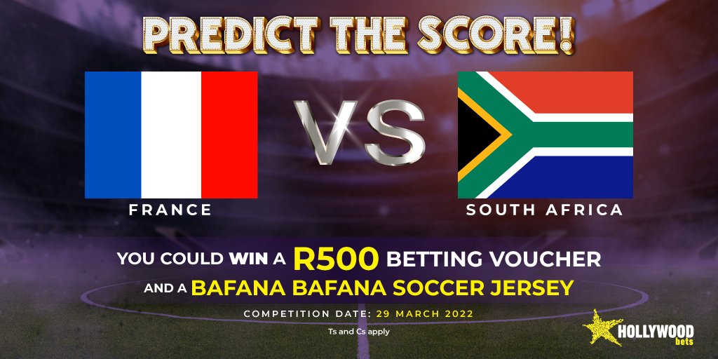 Hollywoodbets's tweet photo. 🇫🇷 COMPETITION TIME 🇿🇦

Stand a chance to win a @BafanaBafana jersey as well as a R500 betting voucher if you predict the correct score in tonight's encounter against France ⚽

Random winner, who retweets and follows, will be selected tomorrow morning 💜

Ts &amp; Cs apply https://t.co/iMYV2HjNLq