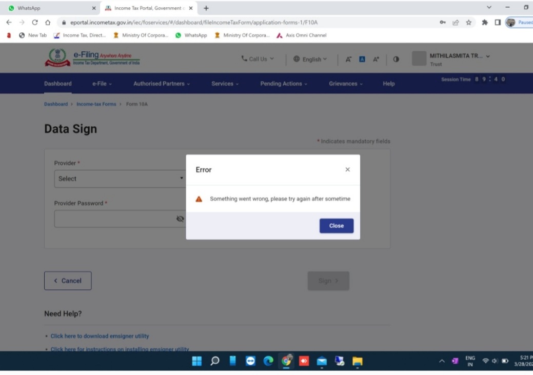 Ihitashri's tweet image. URGENT! @IncomeTaxIndia please fix   #ITissue reg Form 10A(80G/12A) #submissionfailure(due 31st Mar22).Failed multiple attempts using OTP &amp;amp; digisign.Kindly fix this ASAP &amp;amp; help us submit 10Aform or we may lose Tax Exemption Cert @MITHILAsmita MITHILASMITA TRUST @nsitharaman