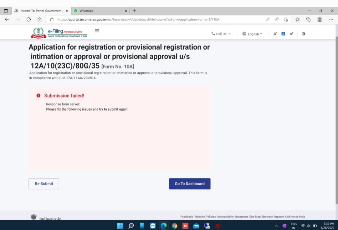 Ihitashri's tweet image. URGENT! @IncomeTaxIndia please fix   #ITissue reg Form 10A(80G/12A) #submissionfailure(due 31st Mar22).Failed multiple attempts using OTP &amp;amp; digisign.Kindly fix this ASAP &amp;amp; help us submit 10Aform or we may lose Tax Exemption Cert @MITHILAsmita MITHILASMITA TRUST @nsitharaman