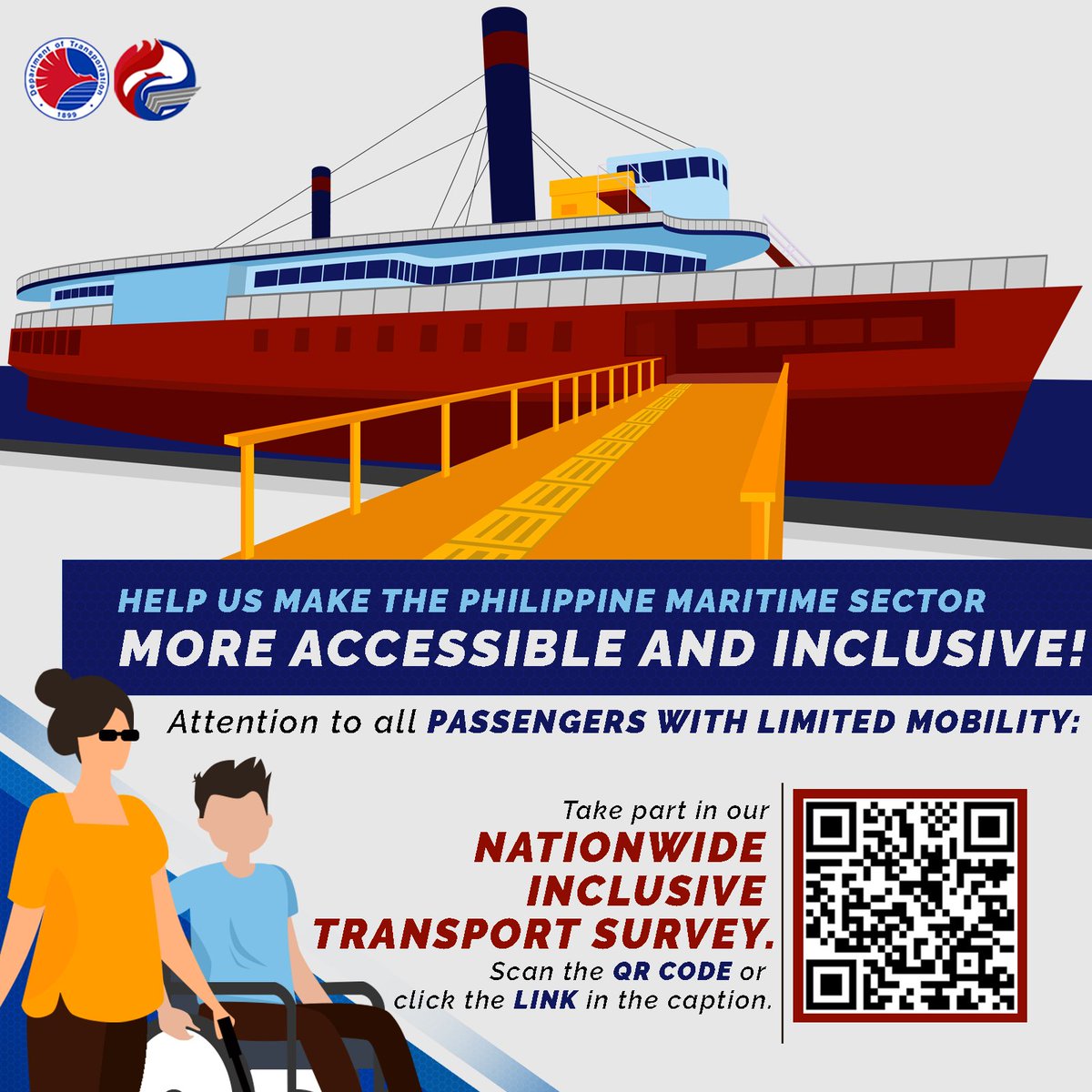 dswdserves's tweet photo. Are you a passenger with limited mobility who has experienced travelling by water?
Help us make the Maritime Sector more accessible and inclusive! Take part in our survey by answering this FORM (https://t.co/QZ8Qbl2Mhw). 

Maagap at Mapagkalingang Serbisyo! ❤️
#DSWDMayMalasakit https://t.co/D4pCRE0TFS