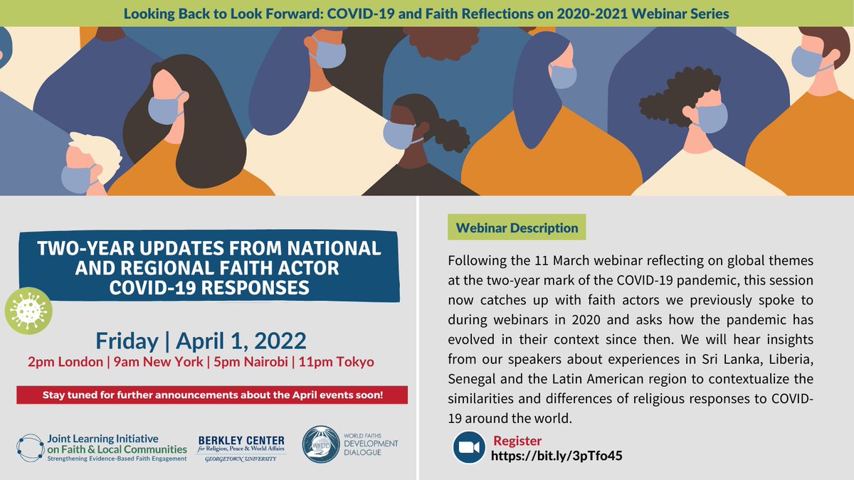 Join us this Friday 1 April for the next webinar in our Covid &amp; Faith series. This session features faith actors in Sri Lanka, Liberia, Senegal &amp; Latin America, asking how the pandemic and faith response have evolved in their context since 2020. Register: buff.ly/3w0yjOi