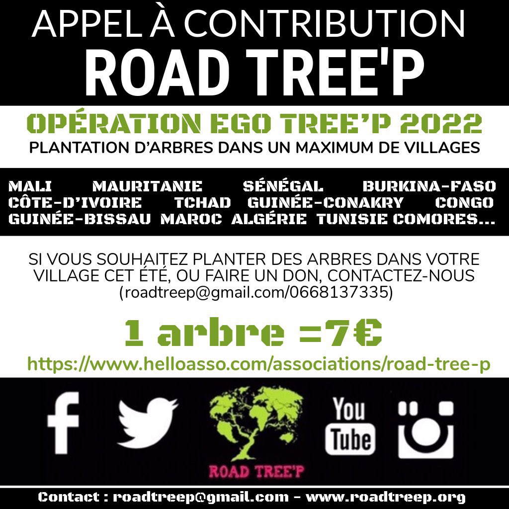 Prochaines campagnes de plantation d’arbres à partir du mois de juin 2022. 

Si vous souhaitez financer des plants d’arbres &gt;&gt; helloasso.com/associations/r…

#roadtreep #plantationdarbres