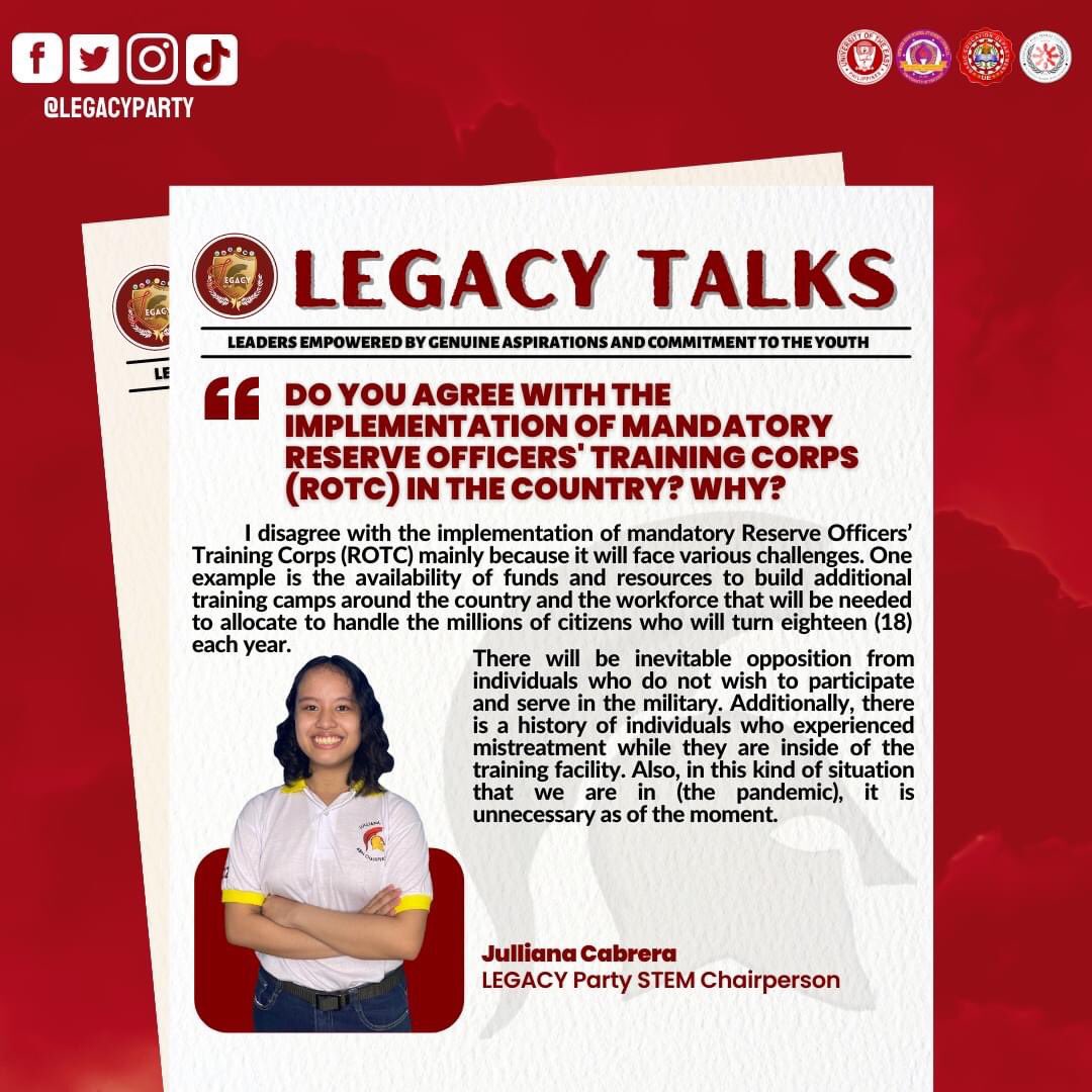 LegacyParty_UE's tweet photo. HIGHLIGHTS | Candidates' Q&amp;A

Witness, as JULLIANA CABRERA the ABM CHAIRPERSON of LEGACY Party states her answers!

#OrganizeYourFinancesWithCABRERA
#VoteSTRAIGHT
#VoteWISELY
#VoteLEGACYPARTY
#LegacyForConsistency
#SaLegacyWalangPagsisisi https://t.co/8YfAnQLMdK
