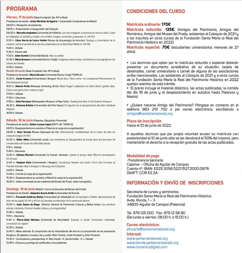 📌XII COLOQUIO ARS MEDIAEVALIS. 
"El equipamiento del altar #medieval. De la materia a la luz" / "Medieval Altar. Equipment from matter to light". 

📅#AguilardeCampoo-#Palencia-#Madrid, 17-19 de junio de 2022.
👇👇
santamarialareal.org/cursos/xii-col…